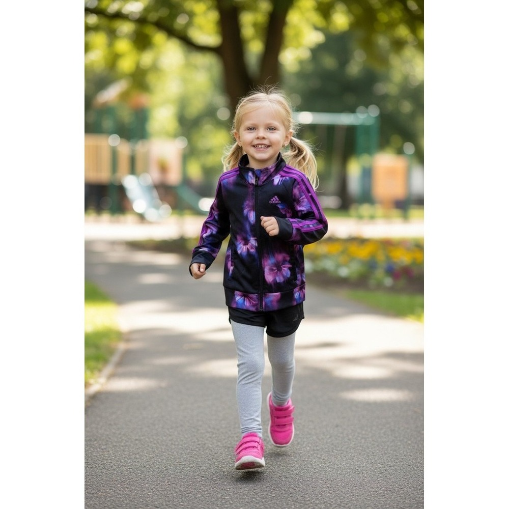 Adidas Girls Track Jacket Size 4 Purple Floral Full Zip 3-Stripe activewear cozy